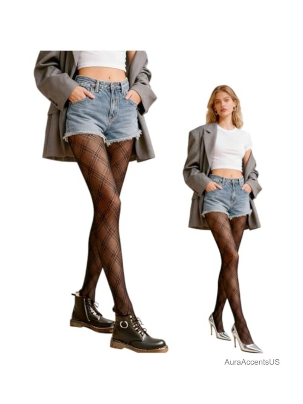 Women's High-Waisted Sheer Nylon Argyle Patterned Tights